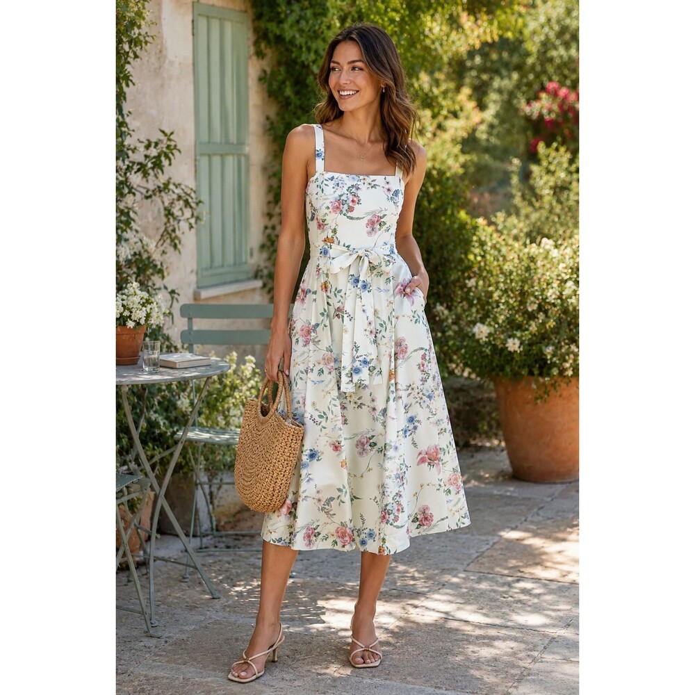 LULUS Sunny Posture Ivory Floral Sleeveless Midi Dress L Woven Lightweight B5